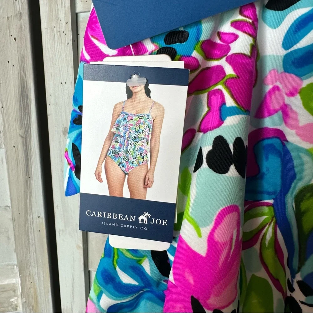 Caribbean Joe tiered bandeau floral 1 piece swimsuit removable straps Small NWT